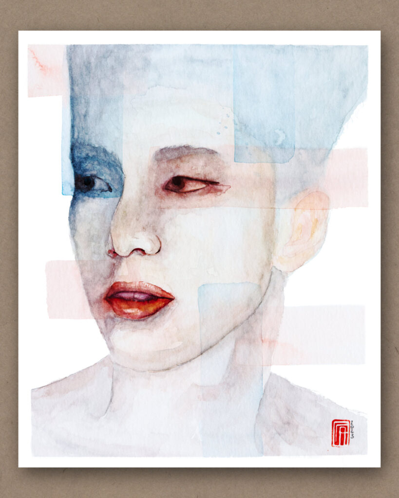 Aquarell Portrait eines Mannes mit dem Titel "Zwei Seiten"