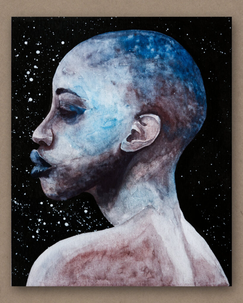 Aquarellportrait einer Frau mit dem Titel Universum in uns 