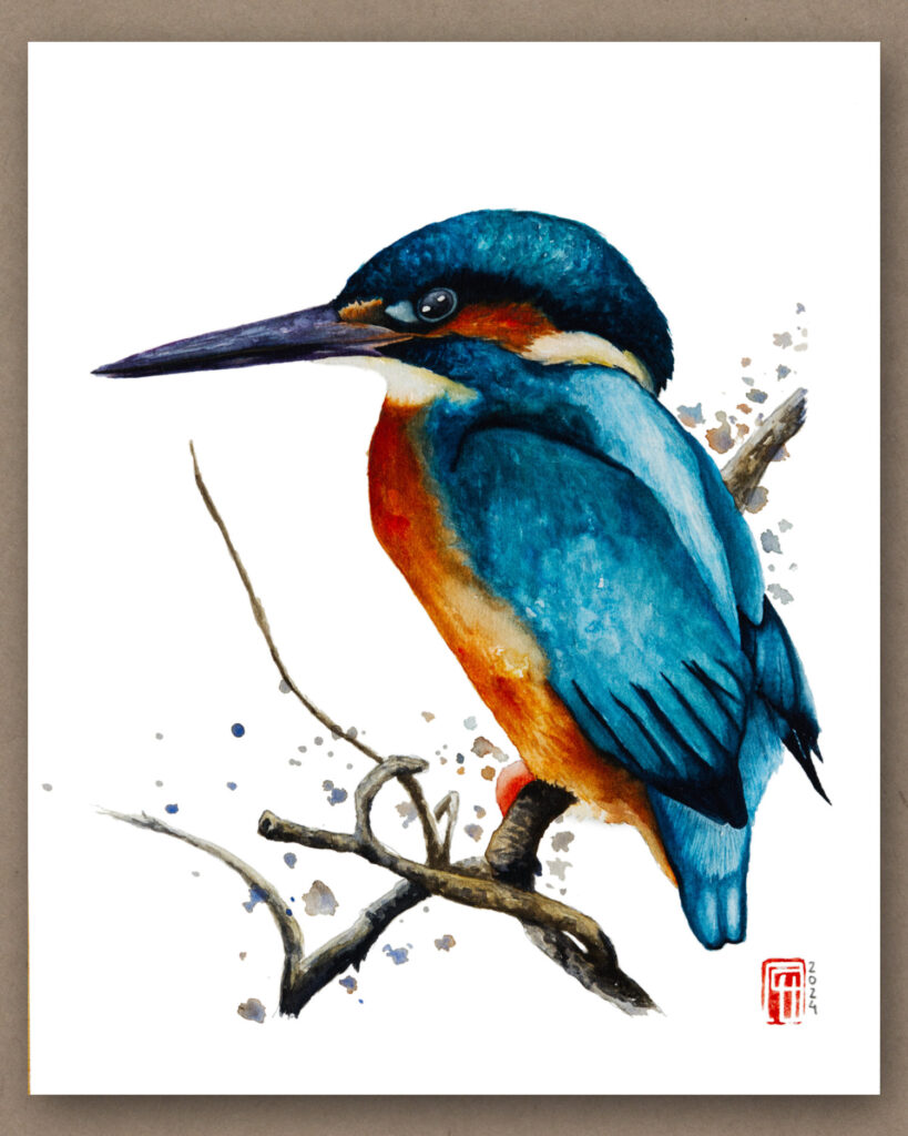 Aquarell eines Eisvogels auf einem Ast