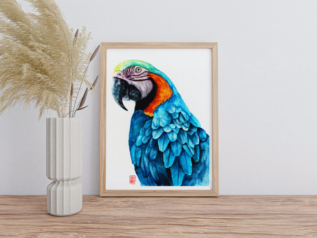 Aquarell eines blauen Ara