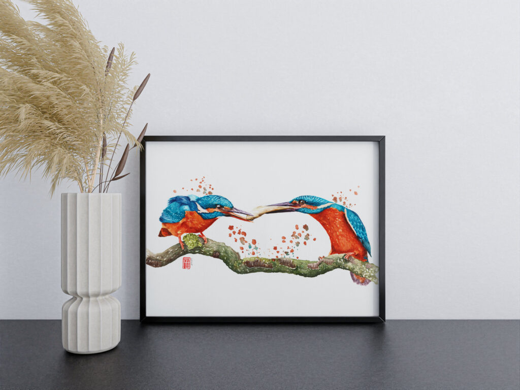Aquarell zweier Eisvögel beim Balzritual gerahmt