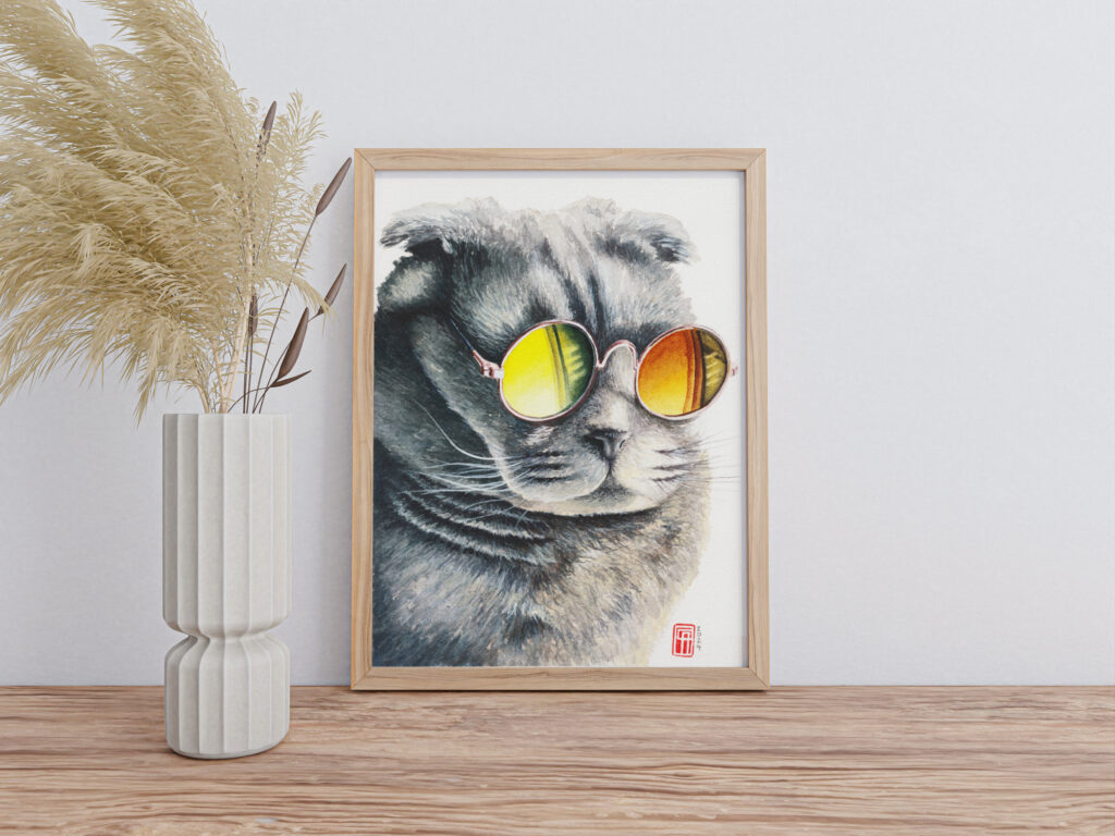 Aquarell Pet Portrait einer grauen Katze mit dem Titel Stay Cool
