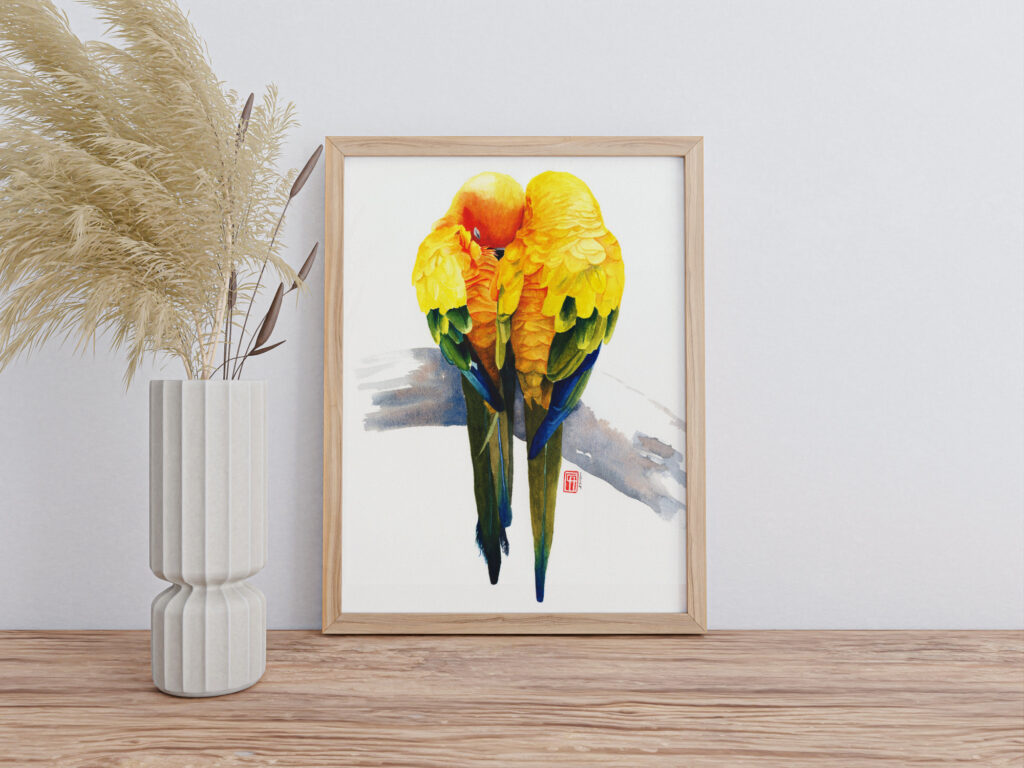 Aquarell zweier unzertrennlicher Papageien