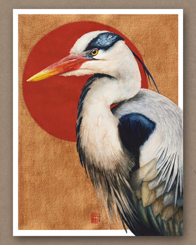 Aquarell eines Graureiher im japanischen Stil vor einer roten Sonne und goldenem Hintergrund