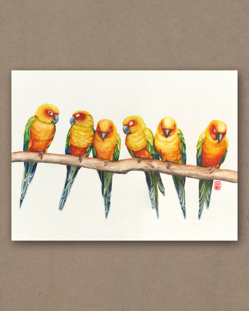 Aquarell von sechs farbenfrohen Sonnensittichen auf einem Ast, die eng aneinandergeschmiegt ruhen – Papageienmotiv, tropische Vögel, Vogelkunst in leuchtenden Gelb- und Orangetönen.
