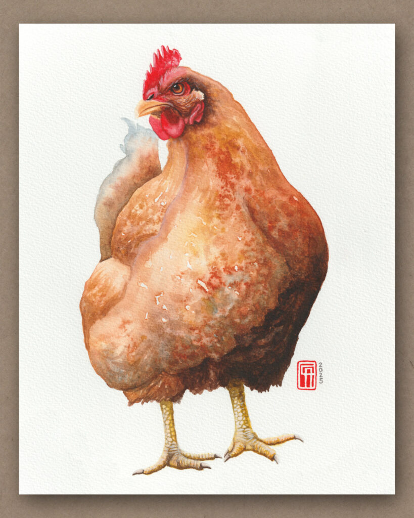 Handgemaltes Aquarell Gemälde eines braunen Huhn