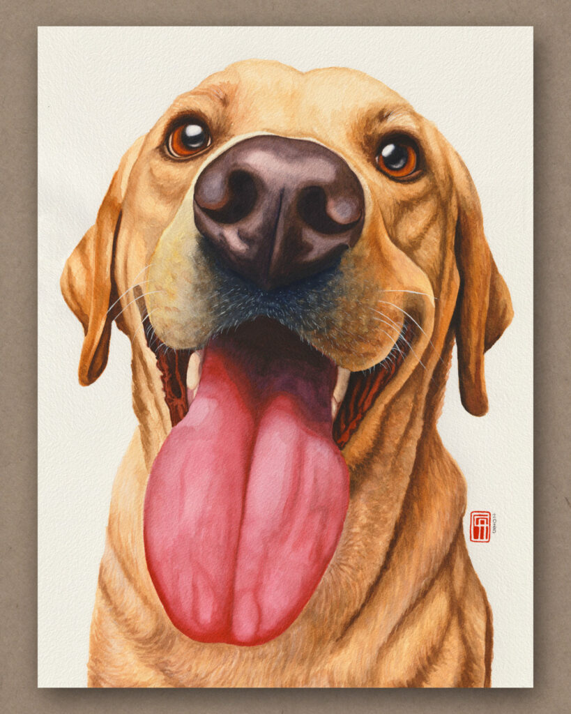 Aquarell eines Labradors, der mit leuchtenden Augen und herausgestreckter Zunge dem Betrachter entgegenlacht