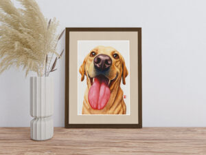 Aquarell eines Labradors, der mit leuchtenden Augen und herausgestreckter Zunge dem Betrachter entgegenlacht