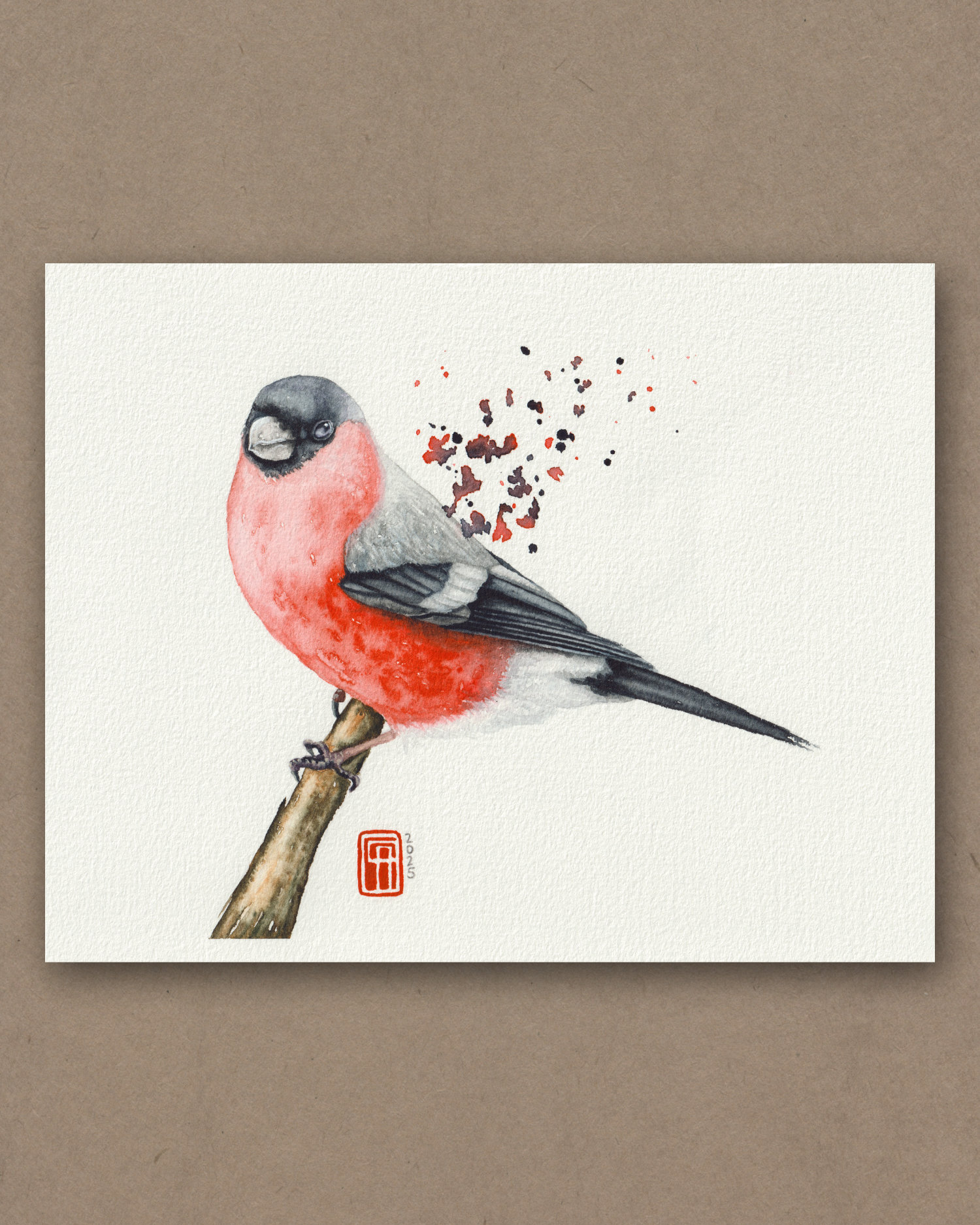 Aquarell eines Dompfaff auf einem Ast