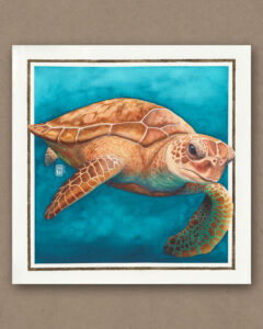 Aquarellgemälde einer Meeresschildkröte auf Okinawa mit Blattgoldrand