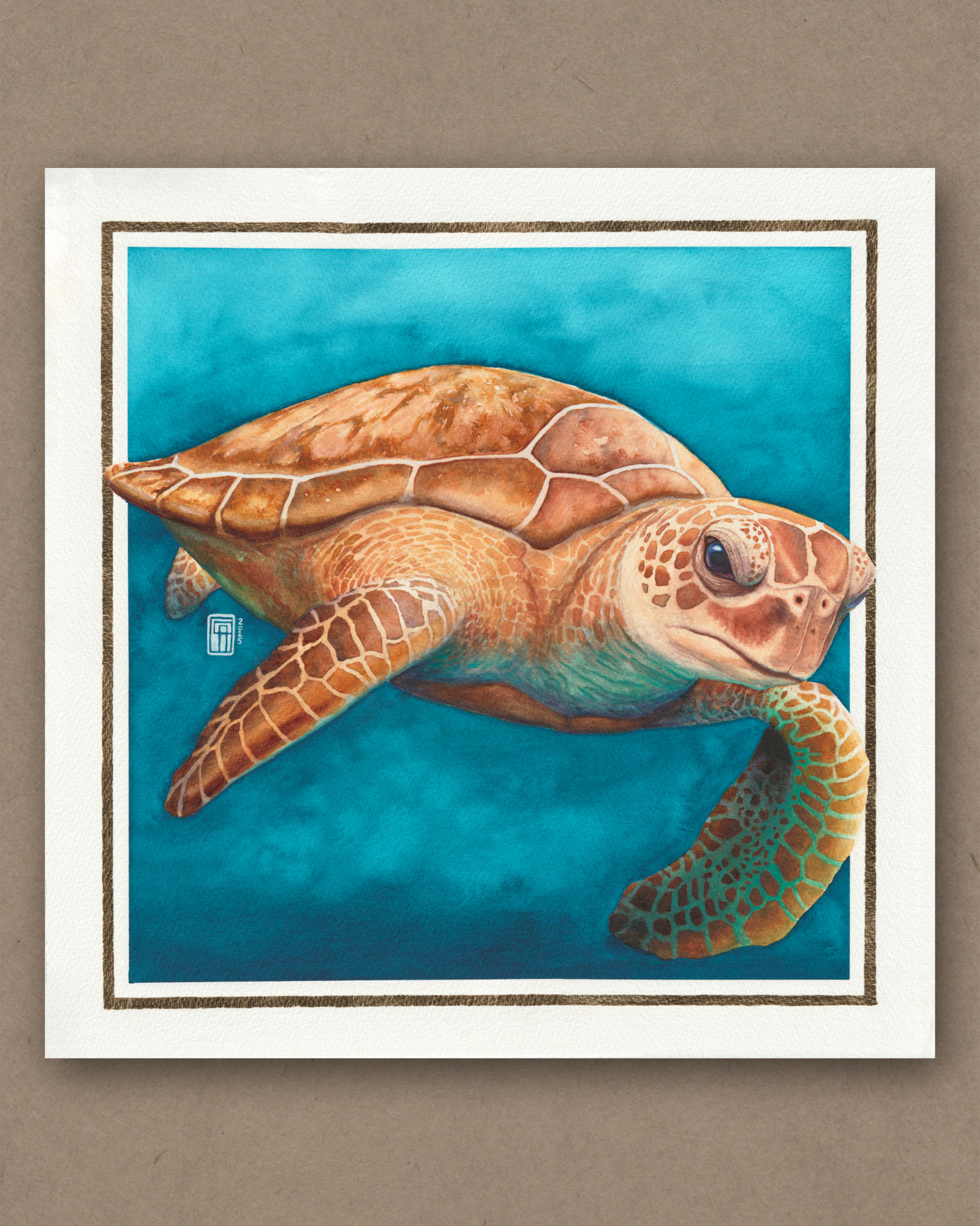 Aquarellgemälde einer Meeresschildkröte auf Okinawa mit Blattgoldrand