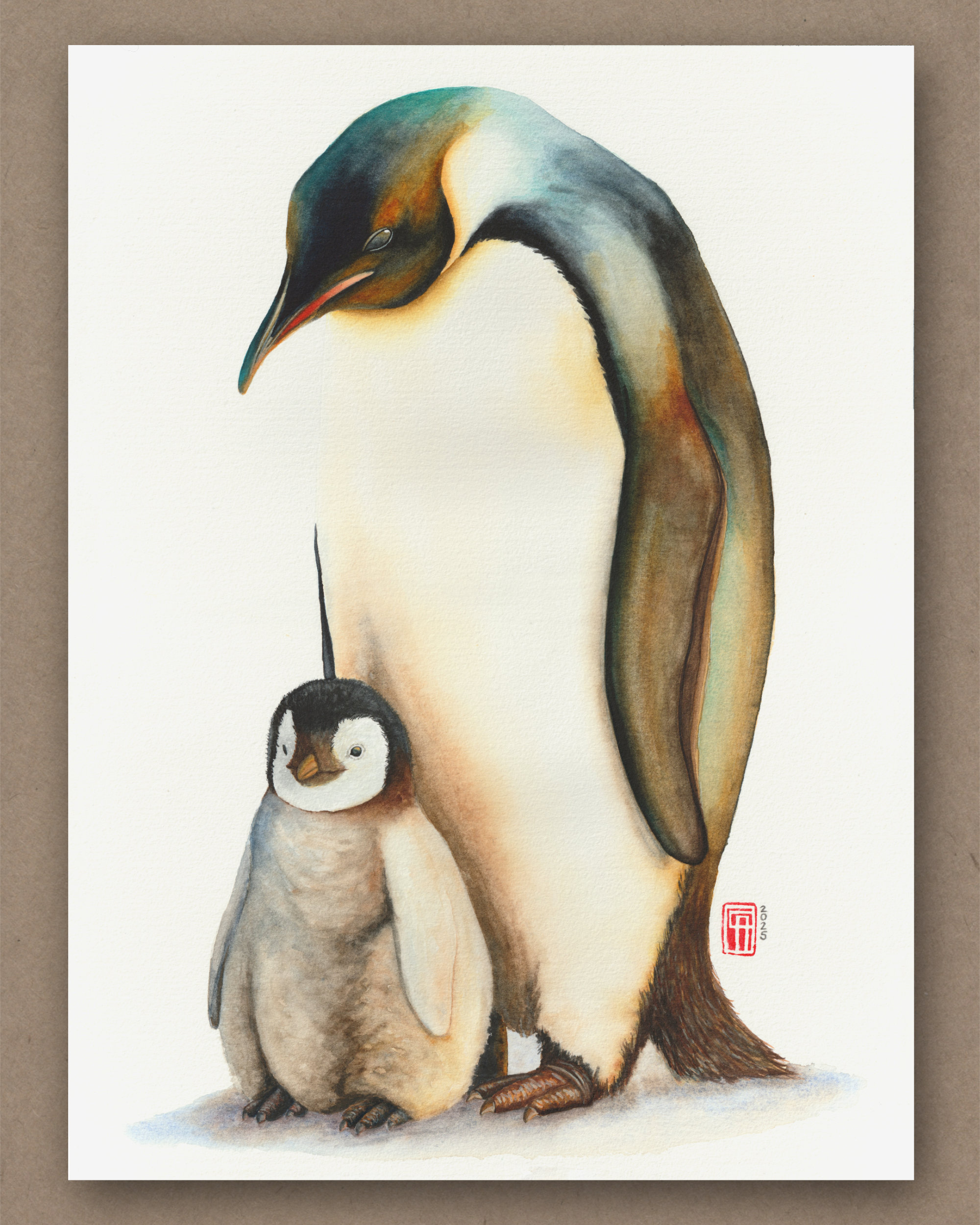 Aquarell einer Kaiserpinguin Mutter mit ihrem Kücken