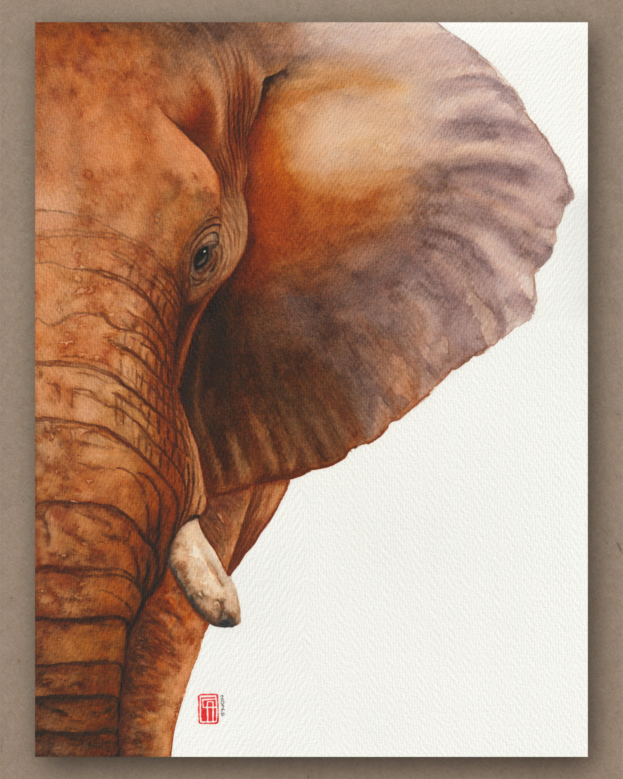 Aquarell eines afrikanischen Elefanten gemalt in warmen Farbtönen