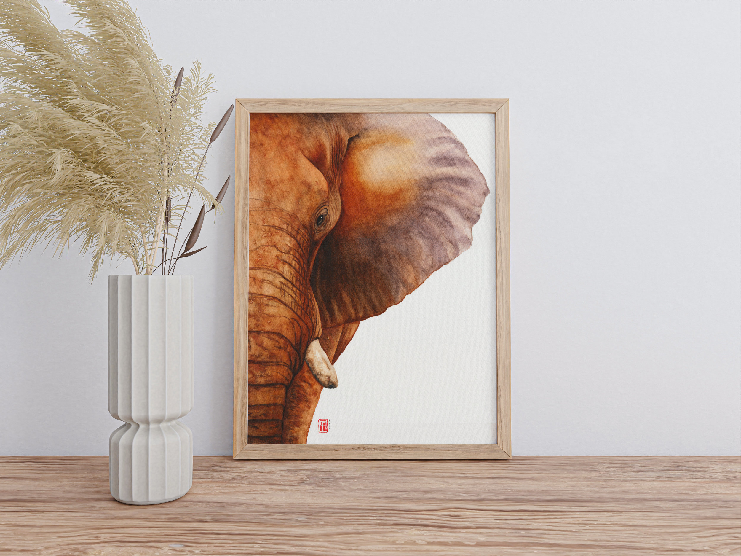 Aquarellgemälde eines afrikanischen Elefanten im Bilderrahmen