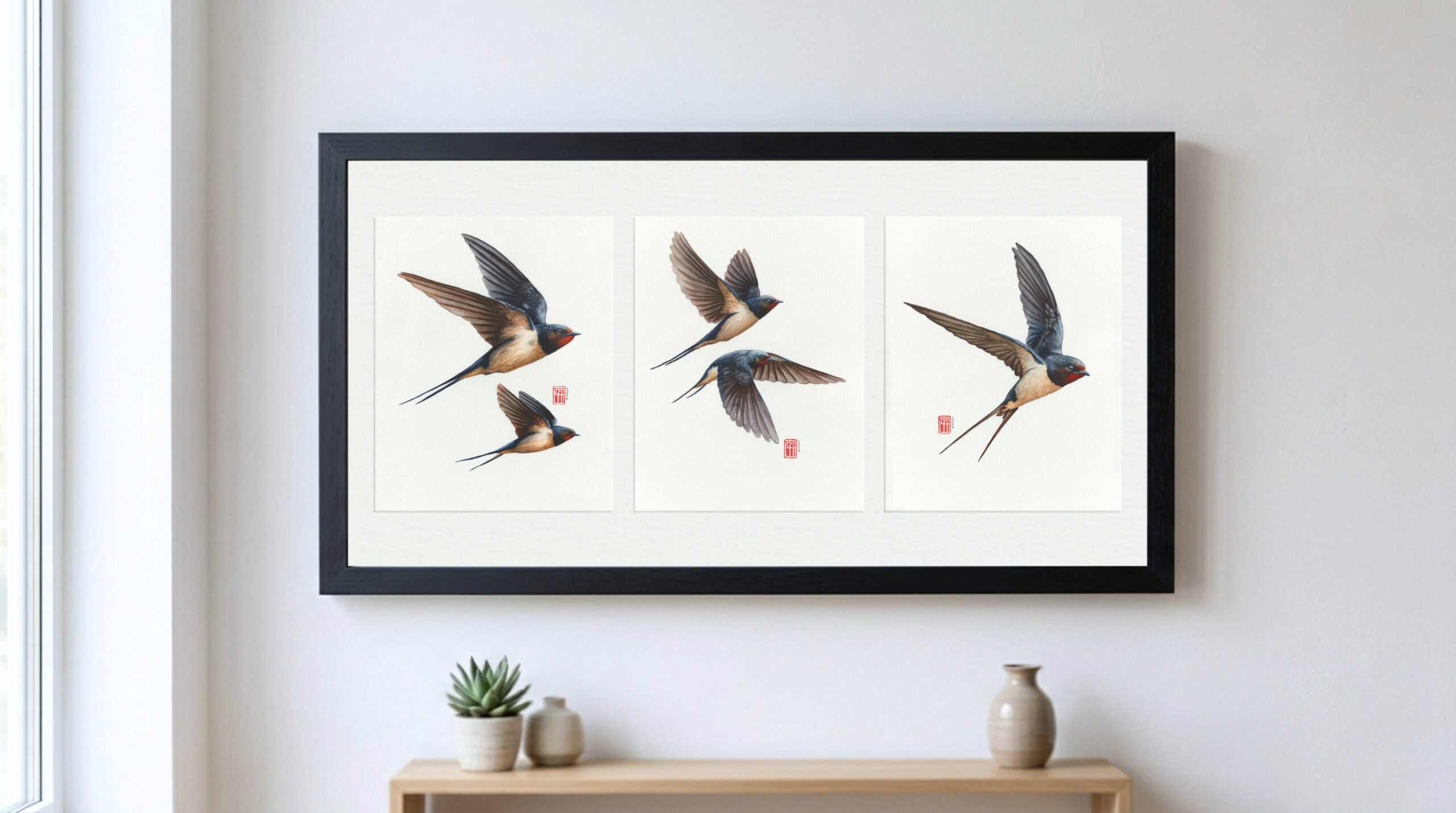 Schwalbentanz - Rahmenbeispiel Gerahmtes, dreiteiliges Aquarellgemälde (Triptychon) welches Rauchschalben im Flug zeigt
