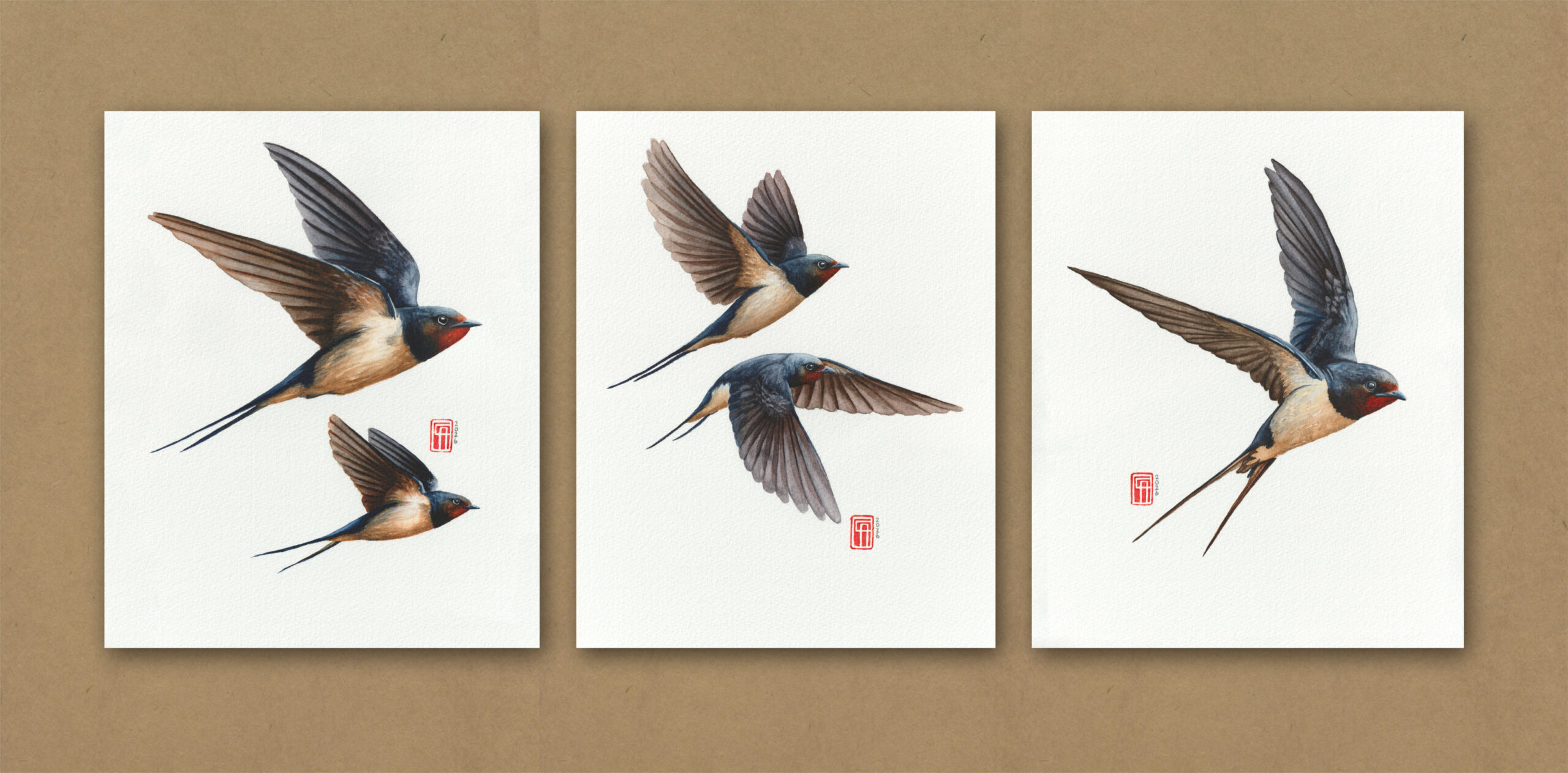 Dreiteiliges Aquarellgemälde (Triptychon) welches Rauchschalben im Flug zeigt