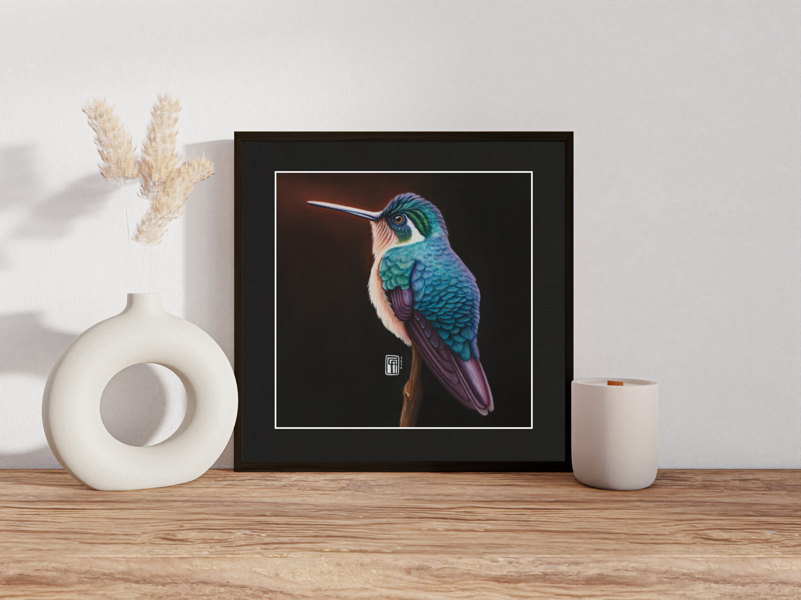 Soft-Pastellgemälde einer weiblichen Pupurkehlnymphe (Lampornis calolaemus)