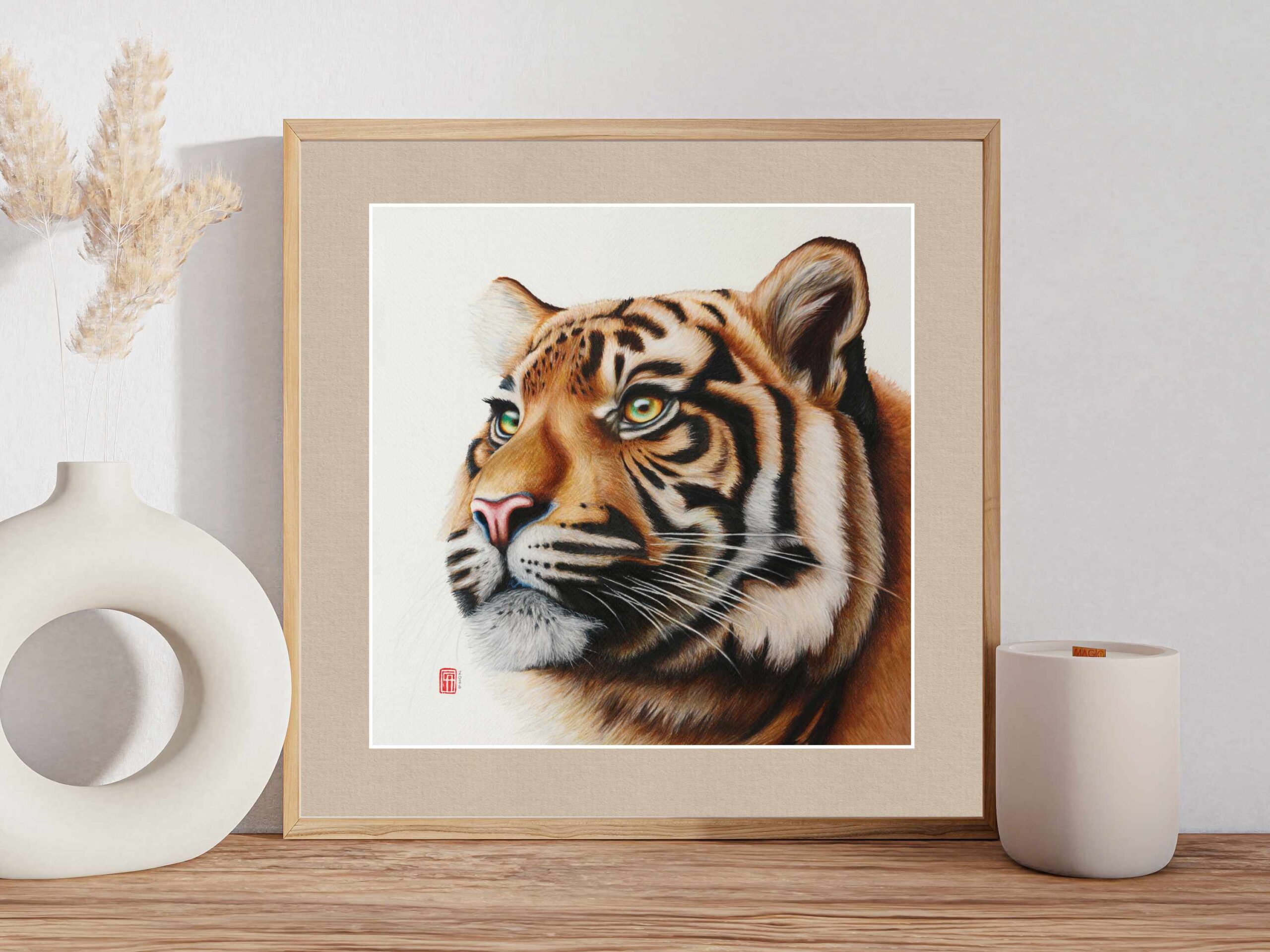 Gerahmtes Aquarellgemälde eines bengalischen Königstiger (Panthera tigris tigris)